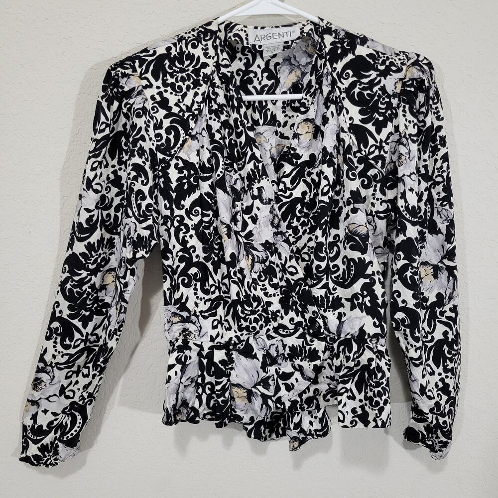 Vintage Silk Blouse Argenti Silk Womens XS Wrap V neck  Floral Peplum 90s Black